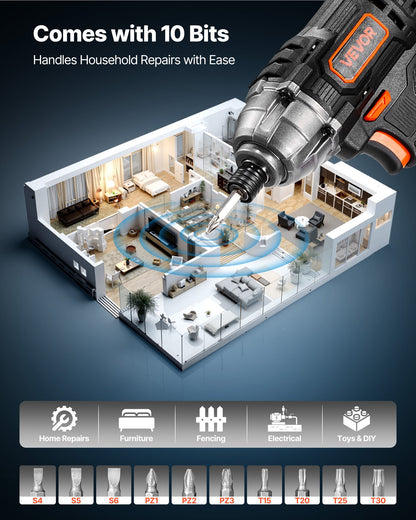 VEVOR Impact Driver, 1/4 Inch, 2800 RPM Max Speed, 20 V Powerful Motor, Electric Cordless Impact Driver Kit with Battery and Charger, 10 Bits, LED Work Light, for Furniture, Electrical, Home Repairs - CJQZ20V180NMT7ZY6001V1 - view 6