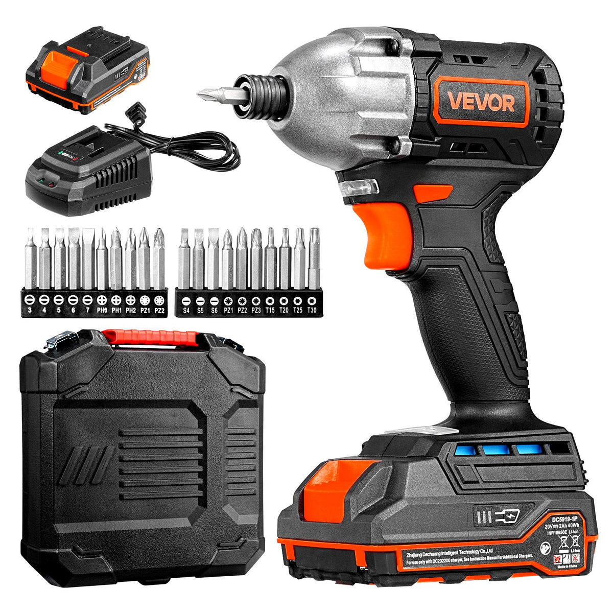VEVOR Impact Driver, 1/4 Inch, 2800 RPM Max Speed, 20 V Brushless Motor, Electric Cordless Impact Driver Kit with Battery and Charger, 20 Bits, LED Work Light, for Furniture, Electrical, Home Repairs - CJQZ20V300NM77QVW001V1 - view 1