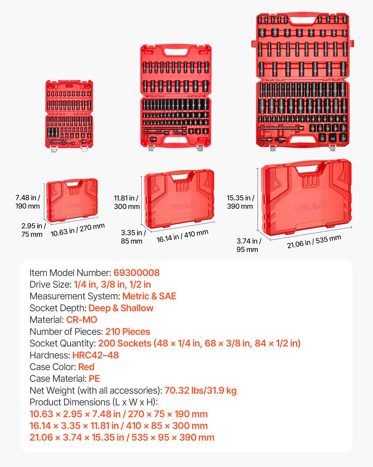 VEVOR 210 Piece Drive Impact Socket Set, 1/4, 3/8, 1/2 Inch, 6 Point Deep & Shallow Impact Sockets, SAE (3/16 to 1-1/4 in) and Metric (4 to 32 mm) Sizes with Extension Bars, Cr-Mo Steel, Carrying Case - CJTTTZCRMOCZYTPP1001V0 - view 8