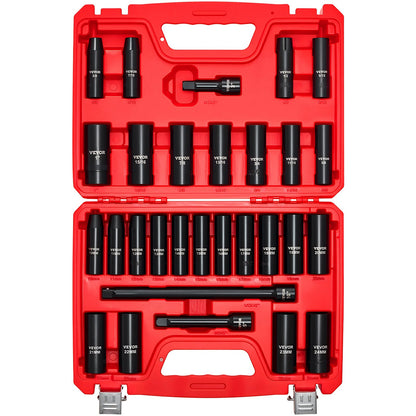 VEVOR 1/2 in Drive Impact Socket Set, 29 Piece, 6 Point Deep Impact Sockets, SAE (3/8 to 1 inch) and Metric (10 to 24 mm) Sizes with Extension Bars (3, 5, 10 in), Cr-V Steel, Heavy Duty Carrying Case - CJTTTZCRVCZ240U6O001V0 - view 1