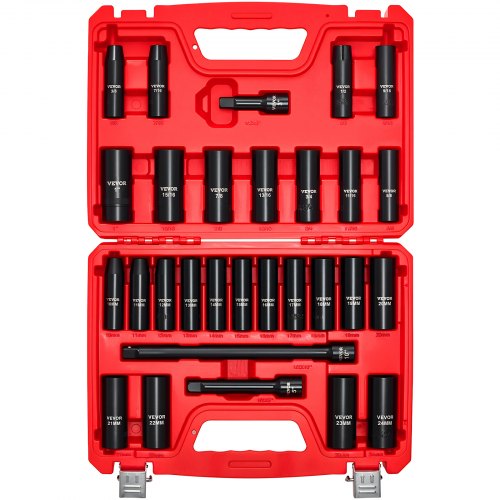 VEVOR 1/2 in Drive Impact Socket Set, 29 Piece, 6 Point Deep Impact Sockets, SAE (3/8 to 1 inch) and Metric (10 to 24 mm) Sizes with Extension Bars (3, 5, 10 in), Cr-V Steel, Heavy Duty Carrying Case - CJTTTZCRVCZ240U6O001V0 - view 2