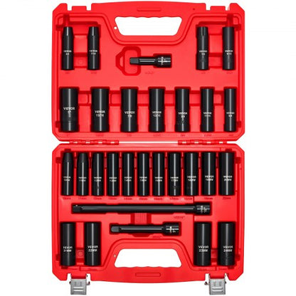 VEVOR 1/2 in Drive Impact Socket Set, 29 Piece, 6 Point Deep Impact Sockets, SAE (3/8 to 1 inch) and Metric (10 to 24 mm) Sizes with Extension Bars (3, 5, 10 in), Cr-V Steel, Heavy Duty Carrying Case - CJTTTZCRVCZ240U6O001V0 - view 2