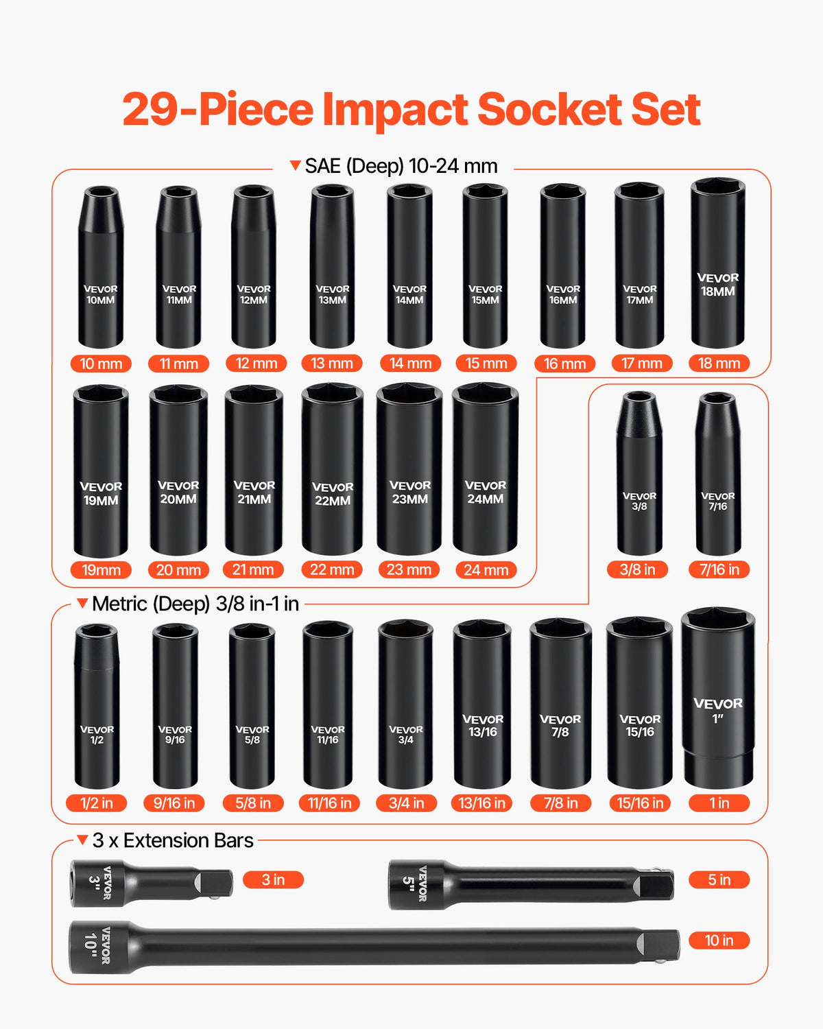 VEVOR 1/2 in Drive Impact Socket Set, 29 Piece, 6 Point Deep Impact Sockets, SAE (3/8 to 1 inch) and Metric (10 to 24 mm) Sizes with Extension Bars (3, 5, 10 in), Cr-V Steel, Heavy Duty Carrying Case - CJTTTZCRVCZ240U6O001V0 - view 4