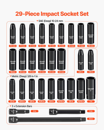 VEVOR 1/2 in Drive Impact Socket Set, 29 Piece, 6 Point Deep Impact Sockets, SAE (3/8 to 1 inch) and Metric (10 to 24 mm) Sizes with Extension Bars (3, 5, 10 in), Cr-V Steel, Heavy Duty Carrying Case - CJTTTZCRVCZ240U6O001V0 - view 4
