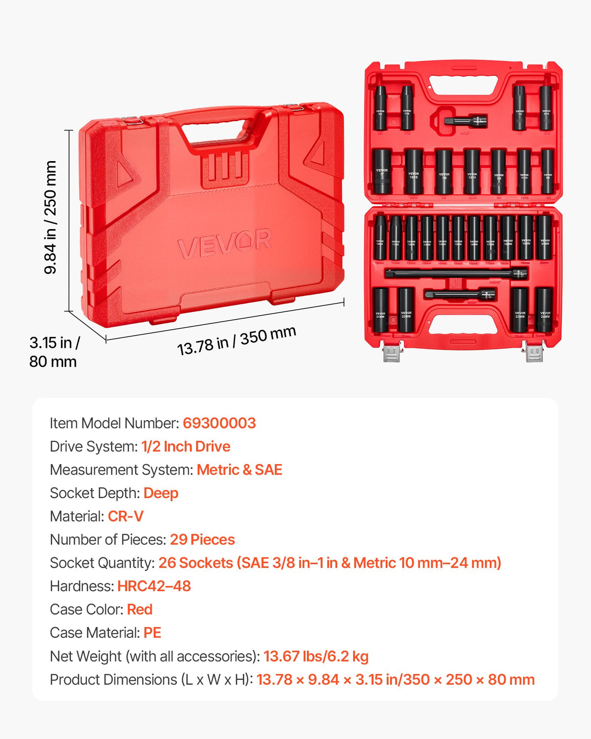 VEVOR 1/2 in Drive Impact Socket Set, 29 Piece, 6 Point Deep Impact Sockets, SAE (3/8 to 1 inch) and Metric (10 to 24 mm) Sizes with Extension Bars (3, 5, 10 in), Cr-V Steel, Heavy Duty Carrying Case - CJTTTZCRVCZ240U6O001V0 - view 8