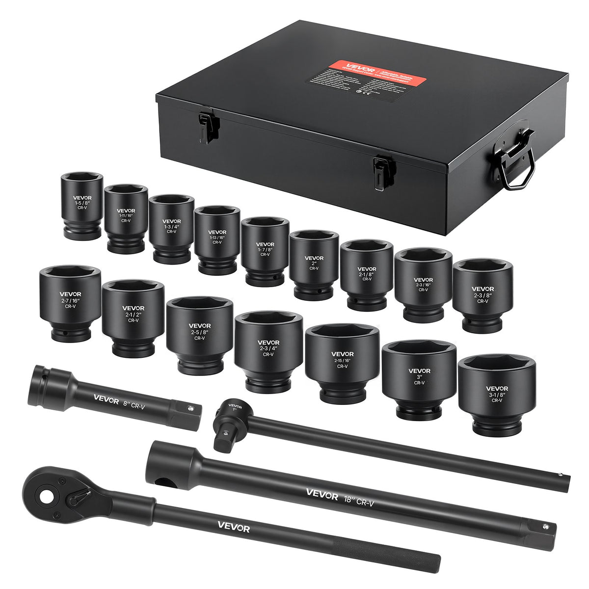 VEVOR 1 in Drive Impact Socket Set, 21 Piece, 6 Point Shallow Impact Sockets, SAE (1-5/8 in to 3-1/8 in), with 8 in & 18 in Extension Bars, 24 in Ratchet, Cr-V Steel, Size Marking, and Carrying Case - CJTTTZCRVCZ2E7JZE001V0 - view 1