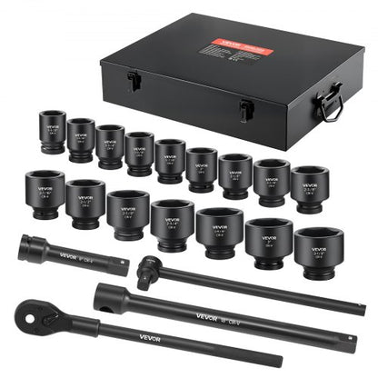 VEVOR 1 in Drive Impact Socket Set, 21 Piece, 6 Point Shallow Impact Sockets, SAE (1-5/8 in to 3-1/8 in), with 8 in & 18 in Extension Bars, 24 in Ratchet, Cr-V Steel, Size Marking, and Carrying Case - CJTTTZCRVCZ2E7JZE001V0 - view 2
