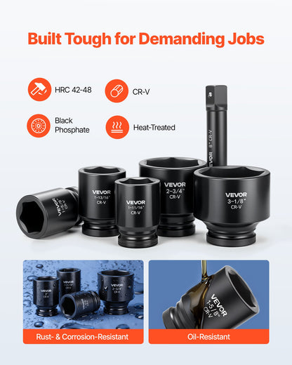 VEVOR 1 in Drive Impact Socket Set, 21 Piece, 6 Point Shallow Impact Sockets, SAE (1-5/8 in to 3-1/8 in), with 8 in & 18 in Extension Bars, 24 in Ratchet, Cr-V Steel, Size Marking, and Carrying Case - CJTTTZCRVCZ2E7JZE001V0 - view 3