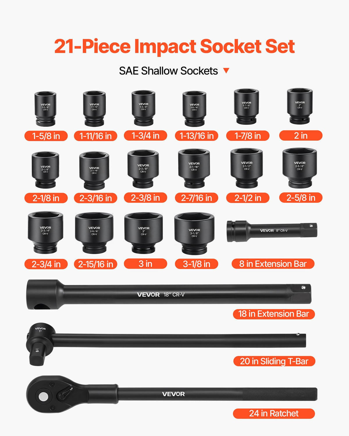 VEVOR 1 in Drive Impact Socket Set, 21 Piece, 6 Point Shallow Impact Sockets, SAE (1-5/8 in to 3-1/8 in), with 8 in & 18 in Extension Bars, 24 in Ratchet, Cr-V Steel, Size Marking, and Carrying Case - CJTTTZCRVCZ2E7JZE001V0 - view 4