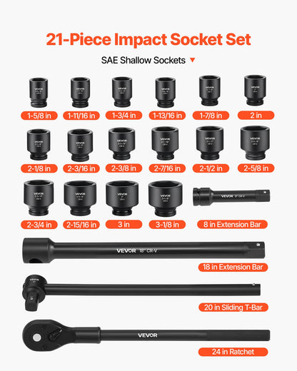 VEVOR 1 in Drive Impact Socket Set, 21 Piece, 6 Point Shallow Impact Sockets, SAE (1-5/8 in to 3-1/8 in), with 8 in & 18 in Extension Bars, 24 in Ratchet, Cr-V Steel, Size Marking, and Carrying Case - CJTTTZCRVCZ2E7JZE001V0 - view 4