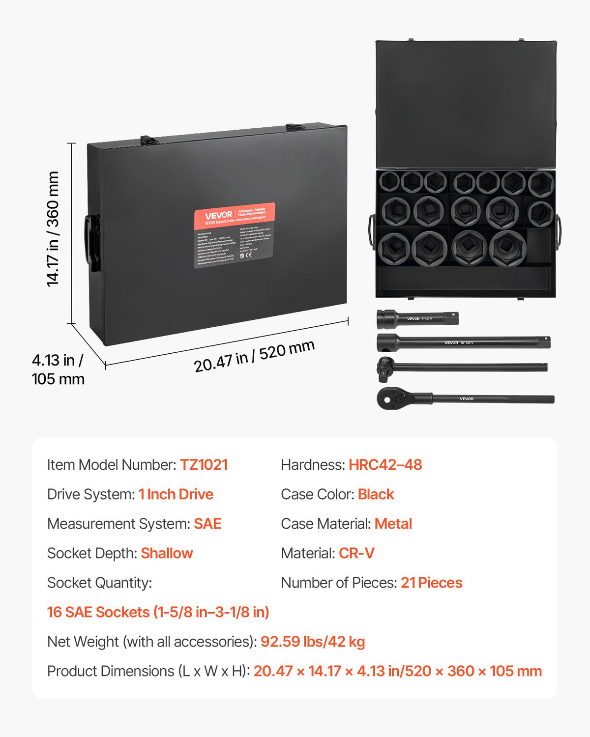 VEVOR 1 in Drive Impact Socket Set, 21 Piece, 6 Point Shallow Impact Sockets, SAE (1-5/8 in to 3-1/8 in), with 8 in & 18 in Extension Bars, 24 in Ratchet, Cr-V Steel, Size Marking, and Carrying Case - CJTTTZCRVCZ2E7JZE001V0 - view 8