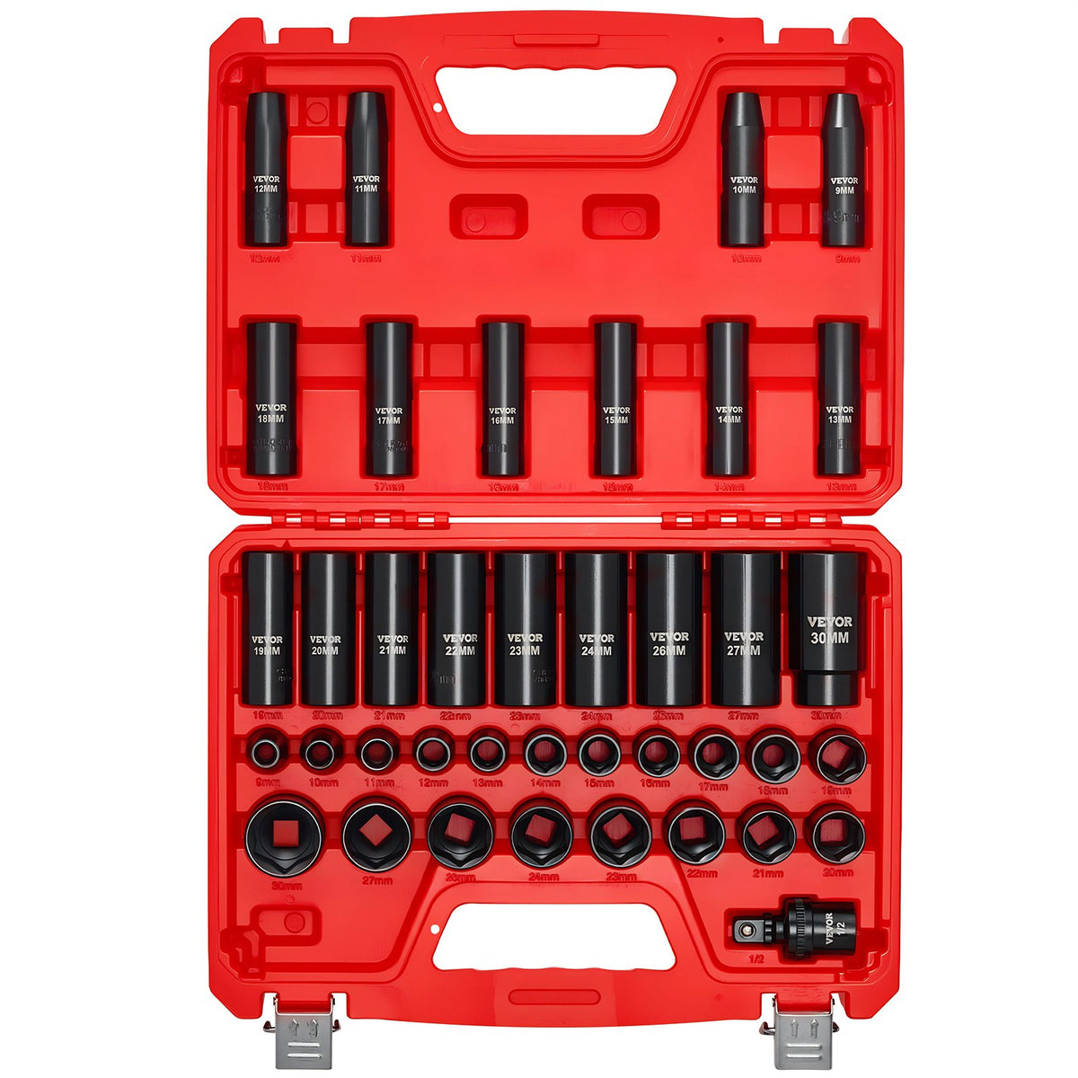VEVOR 1/2 in Drive Impact Socket Set, 39 Piece, 6 Point Deep & Shallow Impact Sockets, Metric 9 to 30 mm, Cr-V Steel High Durability, with Universal Joint, Dual Size Markings, Heavy Duty Carrying Case - CJTTTZCRVCZ39H54I001V0 - view 1