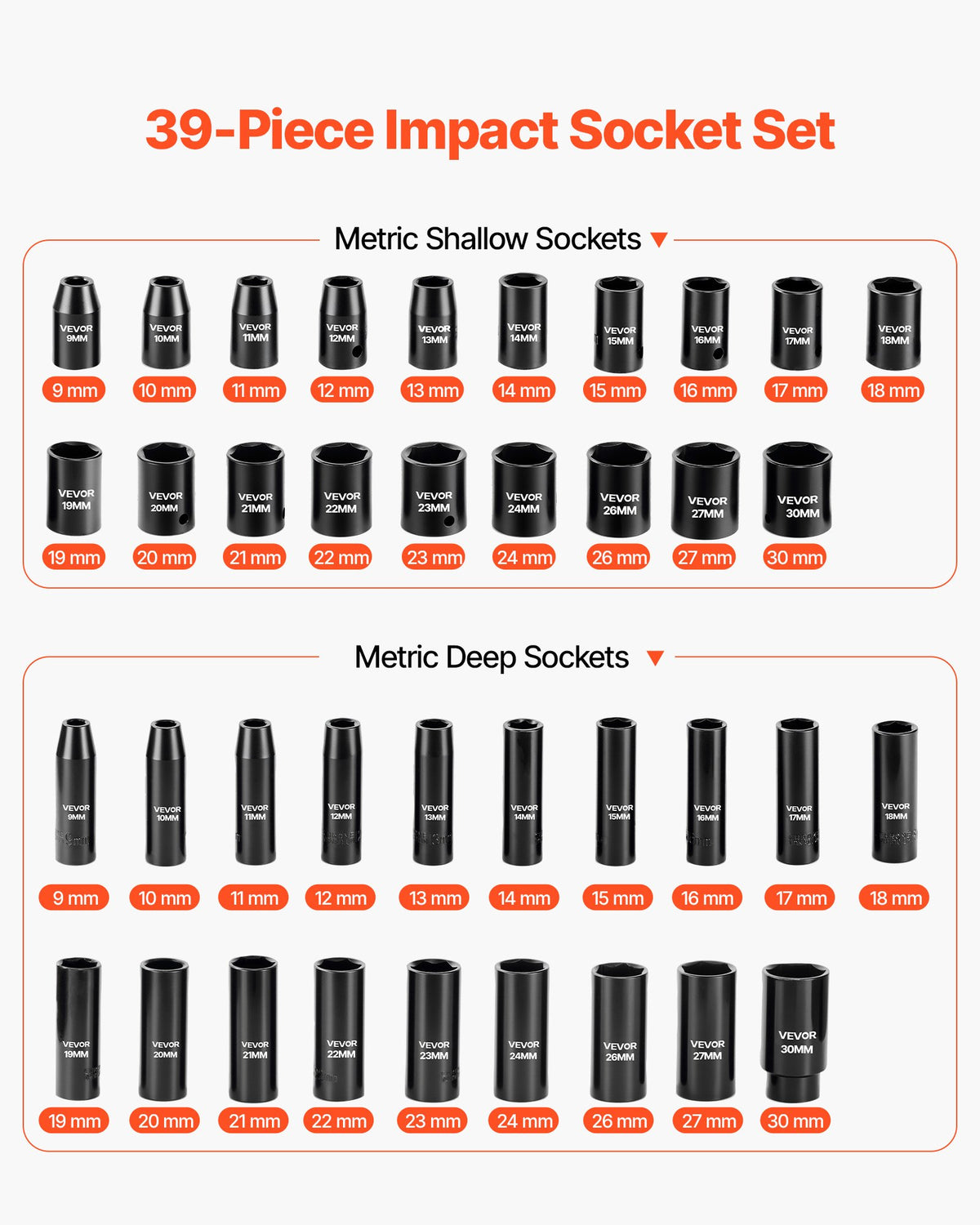 VEVOR 1/2 in Drive Impact Socket Set, 39 Piece, 6 Point Deep & Shallow Impact Sockets, Metric 9 to 30 mm, Cr-V Steel High Durability, with Universal Joint, Dual Size Markings, Heavy Duty Carrying Case - CJTTTZCRVCZ39H54I001V0 - view 4