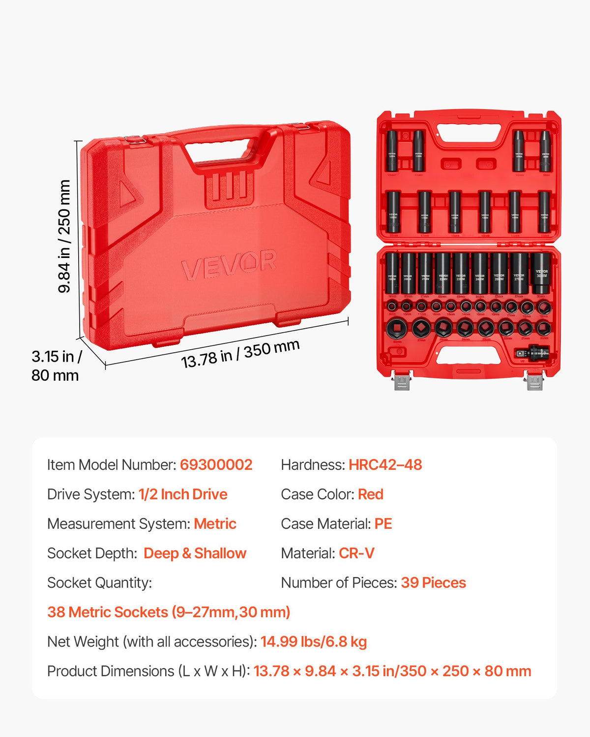VEVOR 1/2 in Drive Impact Socket Set, 39 Piece, 6 Point Deep & Shallow Impact Sockets, Metric 9 to 30 mm, Cr-V Steel High Durability, with Universal Joint, Dual Size Markings, Heavy Duty Carrying Case - CJTTTZCRVCZ39H54I001V0 - view 8