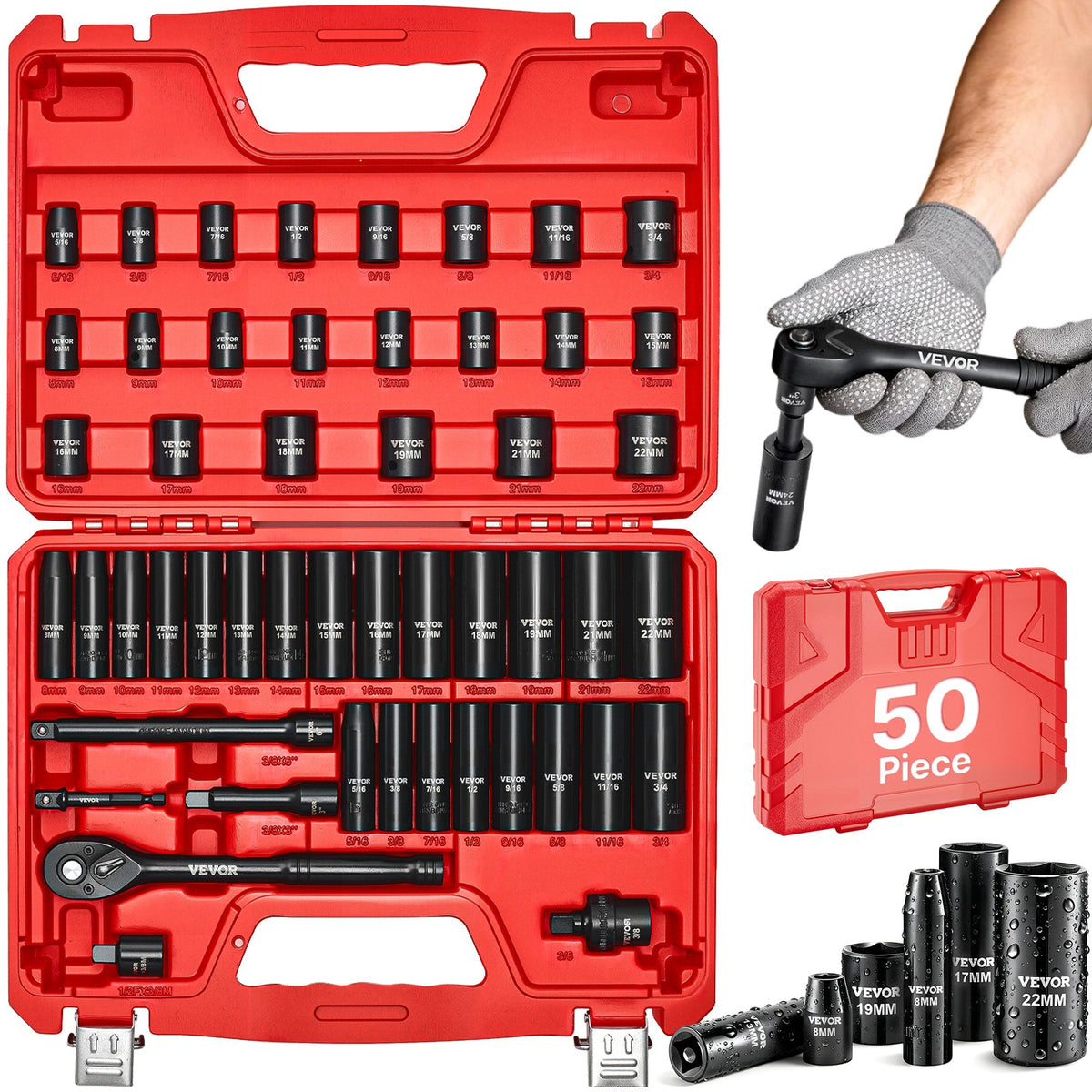 VEVOR 3/8 in Drive Impact Socket Set, 50 Piece, 6 Point Deep & Shallow Impact Sockets, SAE (5/16 in to 3/4 in) and Metric (8 to 22 mm) Sizes with 3 in & 6 in Extension Bars, Cr-V Steel, Carrying Case - CJTTTZCRVCZ54JO4T001V0 - view 1