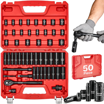VEVOR 3/8 in Drive Impact Socket Set, 50 Piece, 6 Point Deep & Shallow Impact Sockets, SAE (5/16 in to 3/4 in) and Metric (8 to 22 mm) Sizes with 3 in & 6 in Extension Bars, Cr-V Steel, Carrying Case - CJTTTZCRVCZ54JO4T001V0 - view 1