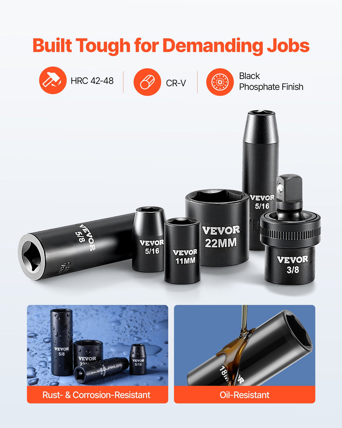 VEVOR 3/8 in Drive Impact Socket Set, 50 Piece, 6 Point Deep & Shallow Impact Sockets, SAE (5/16 in to 3/4 in) and Metric (8 to 22 mm) Sizes with 3 in & 6 in Extension Bars, Cr-V Steel, Carrying Case - CJTTTZCRVCZ54JO4T001V0 - view 3