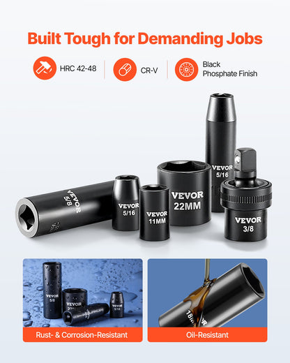 VEVOR 3/8 in Drive Impact Socket Set, 50 Piece, 6 Point Deep & Shallow Impact Sockets, SAE (5/16 in to 3/4 in) and Metric (8 to 22 mm) Sizes with 3 in & 6 in Extension Bars, Cr-V Steel, Carrying Case - CJTTTZCRVCZ54JO4T001V0 - view 3