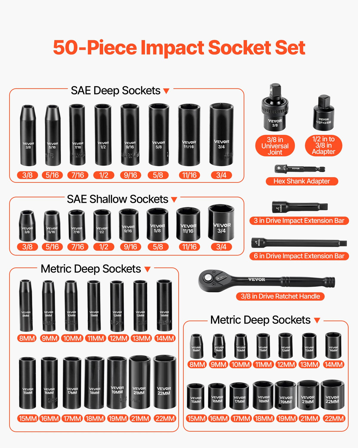 VEVOR 3/8 in Drive Impact Socket Set, 50 Piece, 6 Point Deep & Shallow Impact Sockets, SAE (5/16 in to 3/4 in) and Metric (8 to 22 mm) Sizes with 3 in & 6 in Extension Bars, Cr-V Steel, Carrying Case - CJTTTZCRVCZ54JO4T001V0 - view 4