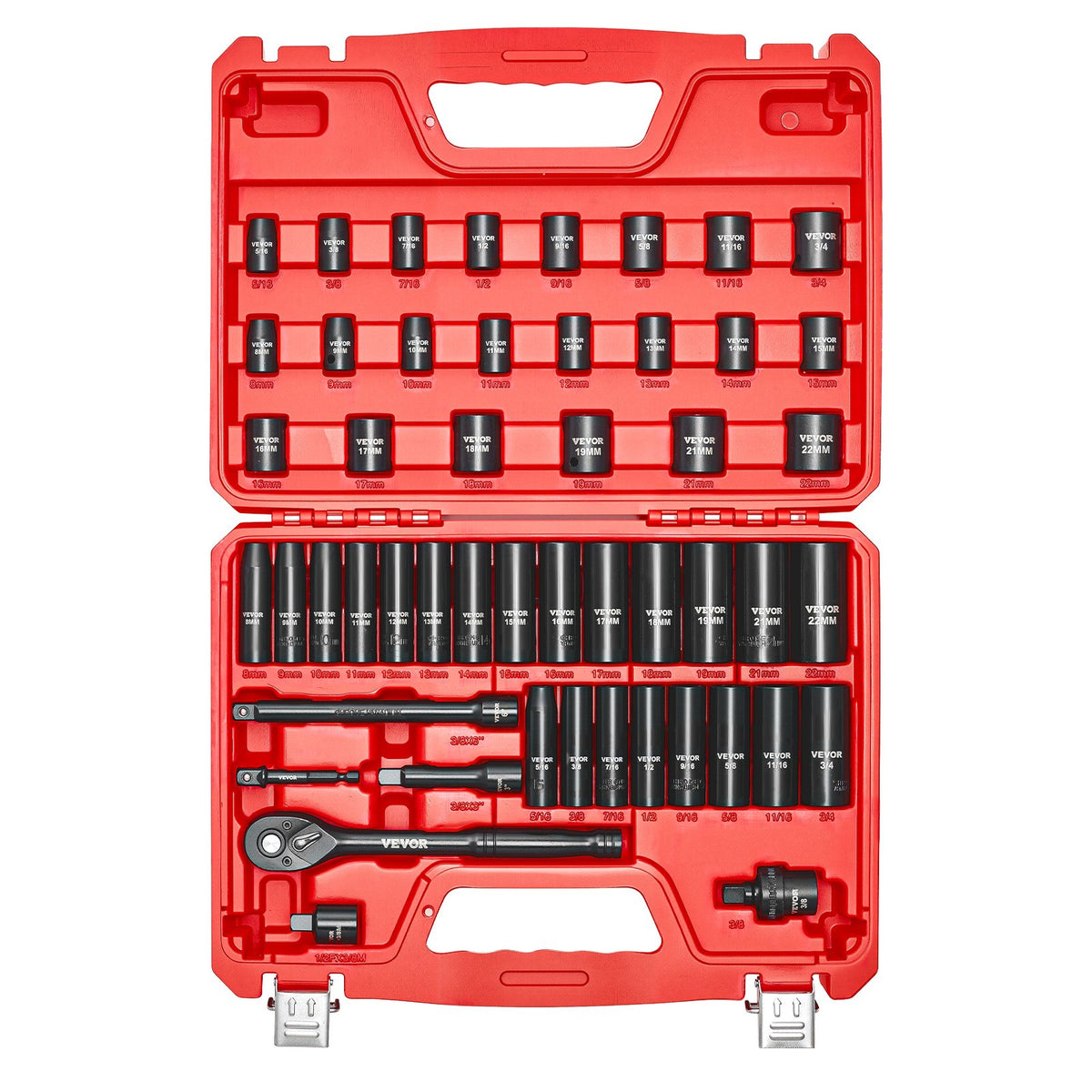 VEVOR 3/8 in Drive Impact Socket Set, 50 Piece, 6 Point Deep & Shallow Impact Sockets, SAE (5/16 in to 3/4 in) and Metric (8 to 22 mm) Sizes with 3 in & 6 in Extension Bars, Cr-V Steel, Carrying Case - CJTTTZCRVCZ54JO4T001V0 - view 10