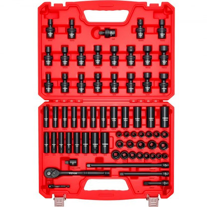 VEVOR 3/8 in Drive Impact Socket Set, 67 Piece, 6 Point Shallow & Deep Impact Sockets, SAE (5/16 in to 3/4 in) and Metric (8 mm to 19 mm), Swivel Sockets, Adapters, Cr-V & Cr-Mo Steel, Carrying Case - CJTTTZCRVCZ63OK3E001V0 - view 2
