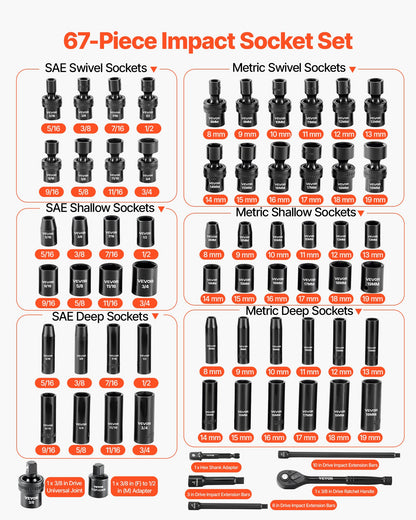 VEVOR 3/8 in Drive Impact Socket Set, 67 Piece, 6 Point Shallow & Deep Impact Sockets, SAE (5/16 in to 3/4 in) and Metric (8 mm to 19 mm), Swivel Sockets, Adapters, Cr-V & Cr-Mo Steel, Carrying Case - CJTTTZCRVCZ63OK3E001V0 - view 4