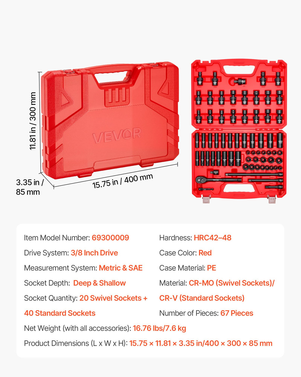 VEVOR 3/8 in Drive Impact Socket Set, 67 Piece, 6 Point Shallow & Deep Impact Sockets, SAE (5/16 in to 3/4 in) and Metric (8 mm to 19 mm), Swivel Sockets, Adapters, Cr-V & Cr-Mo Steel, Carrying Case - CJTTTZCRVCZ63OK3E001V0 - view 8
