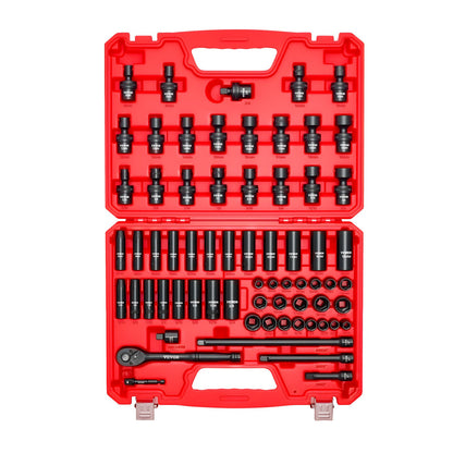 VEVOR 3/8 in Drive Impact Socket Set, 67 Piece, 6 Point Shallow & Deep Impact Sockets, SAE (5/16 in to 3/4 in) and Metric (8 mm to 19 mm), Swivel Sockets, Adapters, Cr-V & Cr-Mo Steel, Carrying Case - CJTTTZCRVCZ63OK3E001V0 - view 10