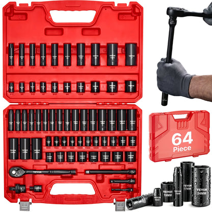 VEVOR 3/8 in Drive Impact Socket Set, 64 Piece, 6 Point Deep & Shallow Impact Sockets, SAE (5/16 in to 1 in) and Metric (6 to 24 mm) Sizes with 3 in & 6 in Extension Bars, Cr-V Steel, Carrying Case - CJTTTZCRVCZ66F2Z6001V0 - view 1