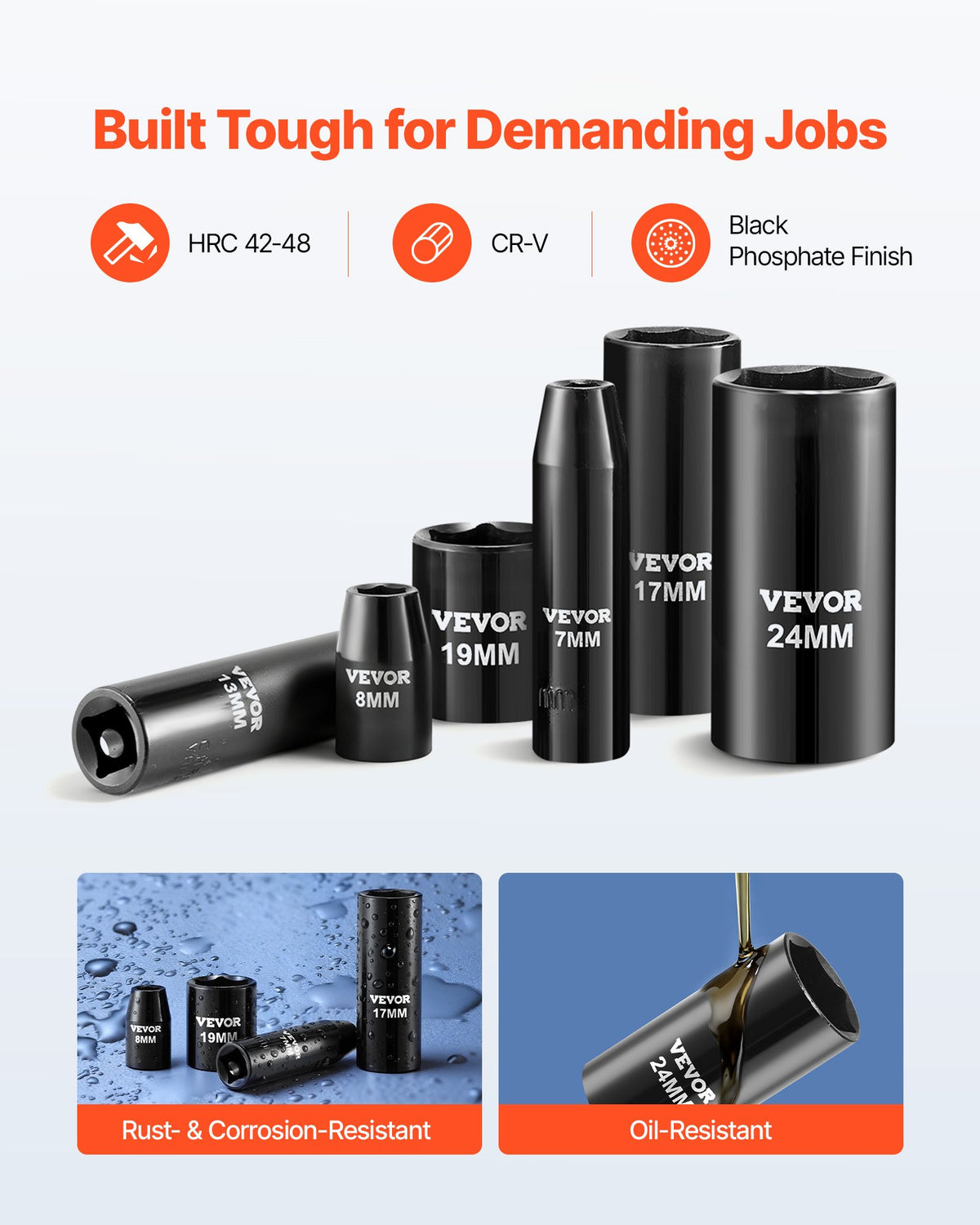 VEVOR 3/8 in Drive Impact Socket Set, 64 Piece, 6 Point Deep & Shallow Impact Sockets, SAE (5/16 in to 1 in) and Metric (6 to 24 mm) Sizes with 3 in & 6 in Extension Bars, Cr-V Steel, Carrying Case - CJTTTZCRVCZ66F2Z6001V0 - view 3