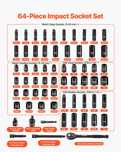 VEVOR 3/8 in Drive Impact Socket Set, 64 Piece, 6 Point Deep & Shallow Impact Sockets, SAE (5/16 in to 1 in) and Metric (6 to 24 mm) Sizes with 3 in & 6 in Extension Bars, Cr-V Steel, Carrying Case - CJTTTZCRVCZ66F2Z6001V0 - view 4