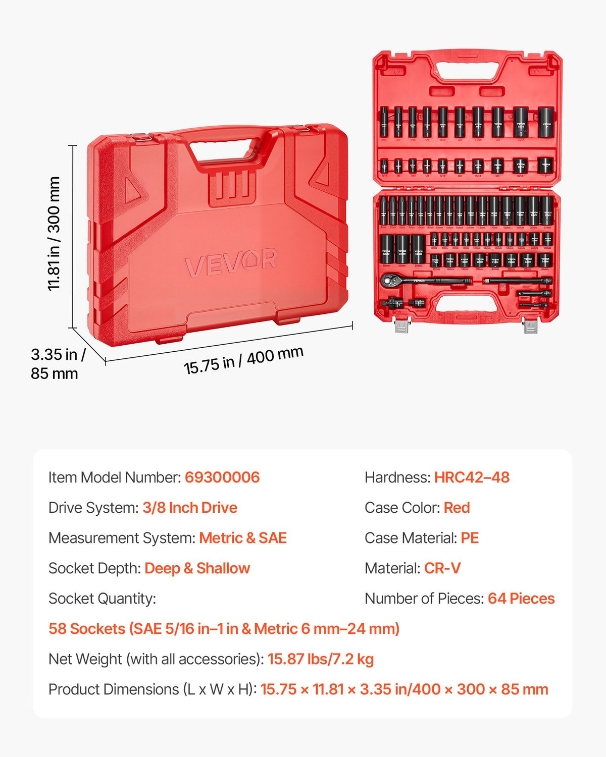 VEVOR 3/8 in Drive Impact Socket Set, 64 Piece, 6 Point Deep & Shallow Impact Sockets, SAE (5/16 in to 1 in) and Metric (6 to 24 mm) Sizes with 3 in & 6 in Extension Bars, Cr-V Steel, Carrying Case - CJTTTZCRVCZ66F2Z6001V0 - view 8
