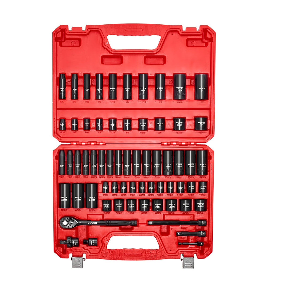 VEVOR 3/8 in Drive Impact Socket Set, 64 Piece, 6 Point Deep & Shallow Impact Sockets, SAE (5/16 in to 1 in) and Metric (6 to 24 mm) Sizes with 3 in & 6 in Extension Bars, Cr-V Steel, Carrying Case - CJTTTZCRVCZ66F2Z6001V0 - view 10