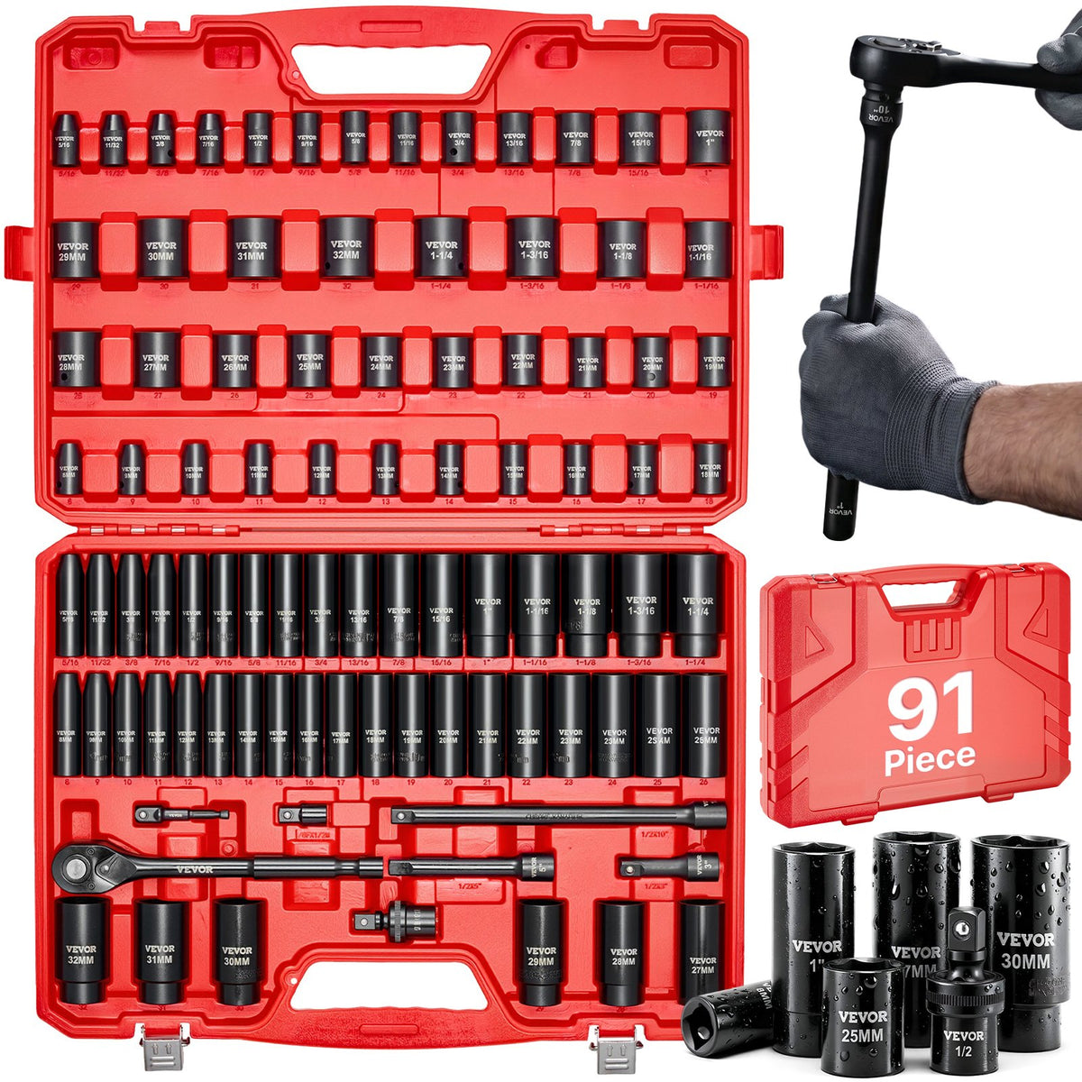VEVOR 1/2 in Drive Impact Socket Set, 91 Piece, 6 Point Deep & Shallow Impact Sockets, SAE (5/16 to 1-1/4 in) and Metric (8 to 32 mm) Sizes with Extension Bars (3, 5, 10 in), Cr-V Steel, Carrying Case - CJTTTZCRVCZ9EX88K001V0 - view 1
