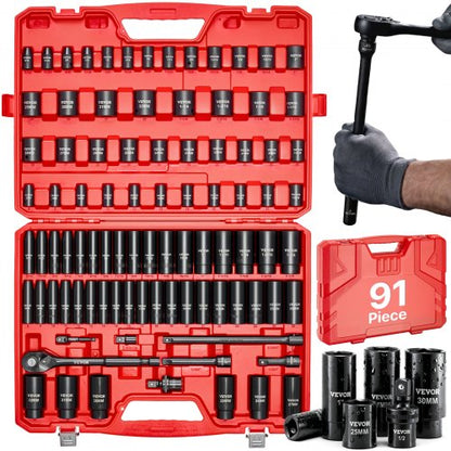 VEVOR 1/2 in Drive Impact Socket Set, 91 Piece, 6 Point Deep & Shallow Impact Sockets, SAE (5/16 to 1-1/4 in) and Metric (8 to 32 mm) Sizes with Extension Bars (3, 5, 10 in), Cr-V Steel, Carrying Case - CJTTTZCRVCZ9EX88K001V0 - view 2