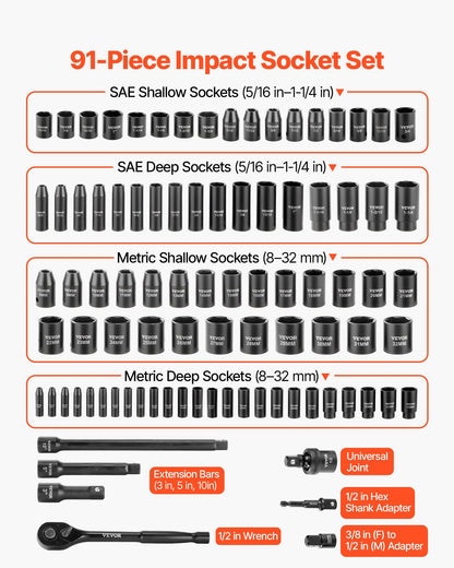 VEVOR 1/2 in Drive Impact Socket Set, 91 Piece, 6 Point Deep & Shallow Impact Sockets, SAE (5/16 to 1-1/4 in) and Metric (8 to 32 mm) Sizes with Extension Bars (3, 5, 10 in), Cr-V Steel, Carrying Case - CJTTTZCRVCZ9EX88K001V0 - view 4