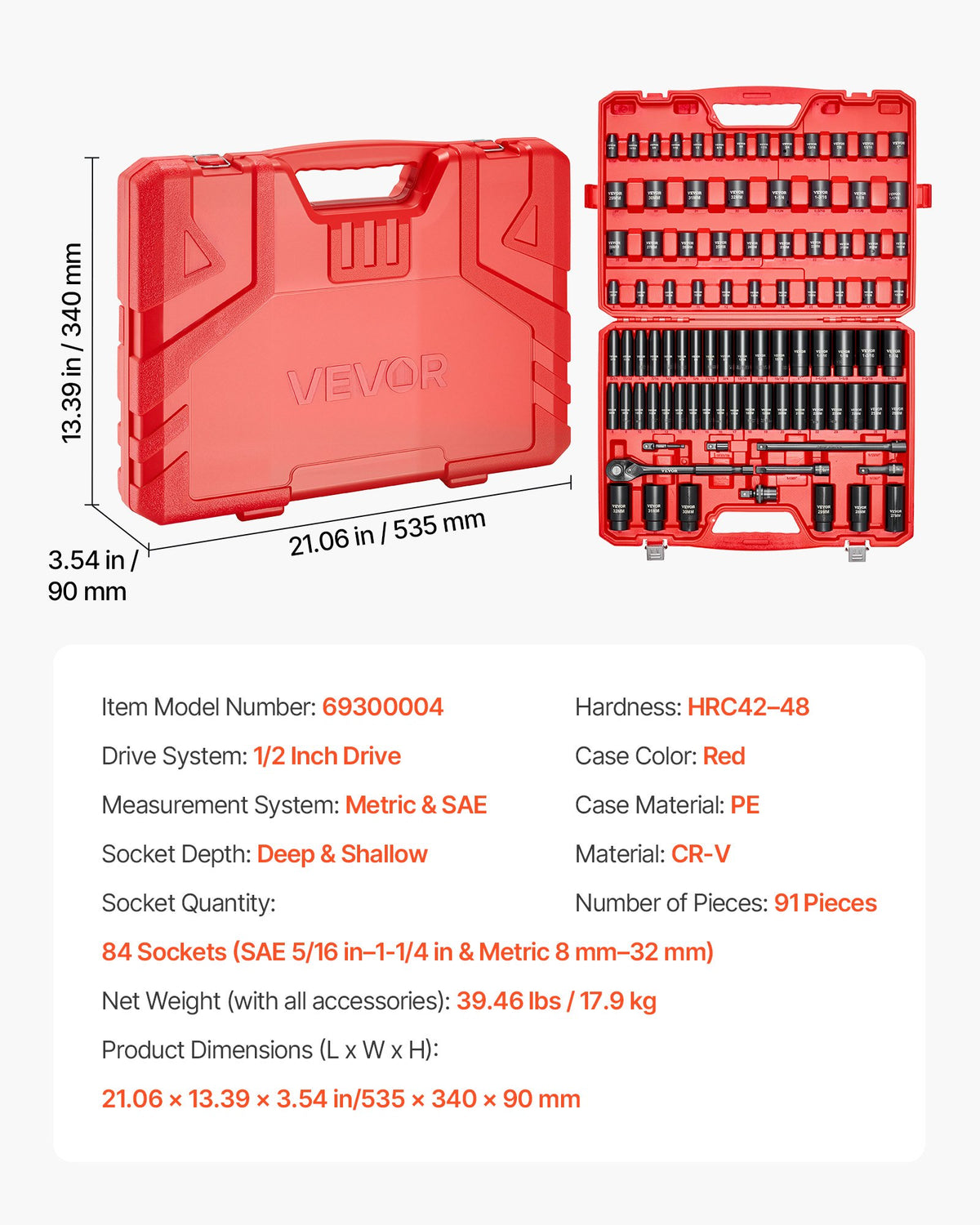 VEVOR 1/2 in Drive Impact Socket Set, 91 Piece, 6 Point Deep & Shallow Impact Sockets, SAE (5/16 to 1-1/4 in) and Metric (8 to 32 mm) Sizes with Extension Bars (3, 5, 10 in), Cr-V Steel, Carrying Case - CJTTTZCRVCZ9EX88K001V0 - view 8