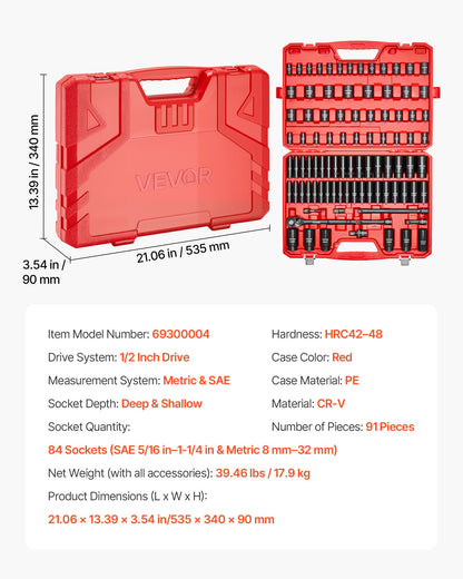 VEVOR 1/2 in Drive Impact Socket Set, 91 Piece, 6 Point Deep & Shallow Impact Sockets, SAE (5/16 to 1-1/4 in) and Metric (8 to 32 mm) Sizes with Extension Bars (3, 5, 10 in), Cr-V Steel, Carrying Case - CJTTTZCRVCZ9EX88K001V0 - view 8