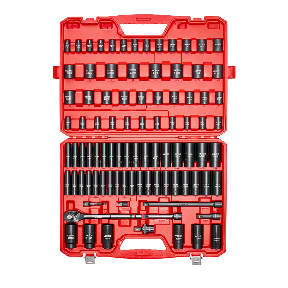 VEVOR 1/2 in Drive Impact Socket Set, 91 Piece, 6 Point Deep & Shallow Impact Sockets, SAE (5/16 to 1-1/4 in) and Metric (8 to 32 mm) Sizes with Extension Bars (3, 5, 10 in), Cr-V Steel, Carrying Case - CJTTTZCRVCZ9EX88K001V0 - view 10