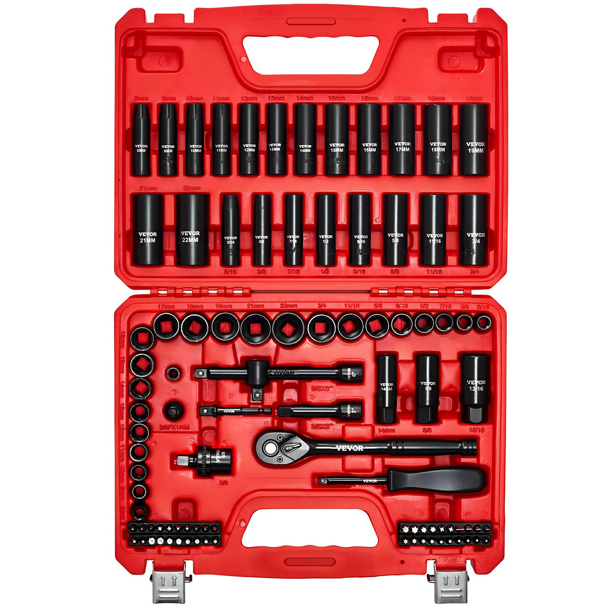 VEVOR 3/8 in Drive Impact Socket Set, 96 Piece, 6 Point Deep & Shallow Impact Sockets, SAE (5/16 in to 3/4 in) and Metric (8 to 22 mm) Sizes with 3 in & 6 in Extension Bars, Cr-V Steel, Carrying Case - CJTTTZCRVCZ9LCTIM001V0 - view 1