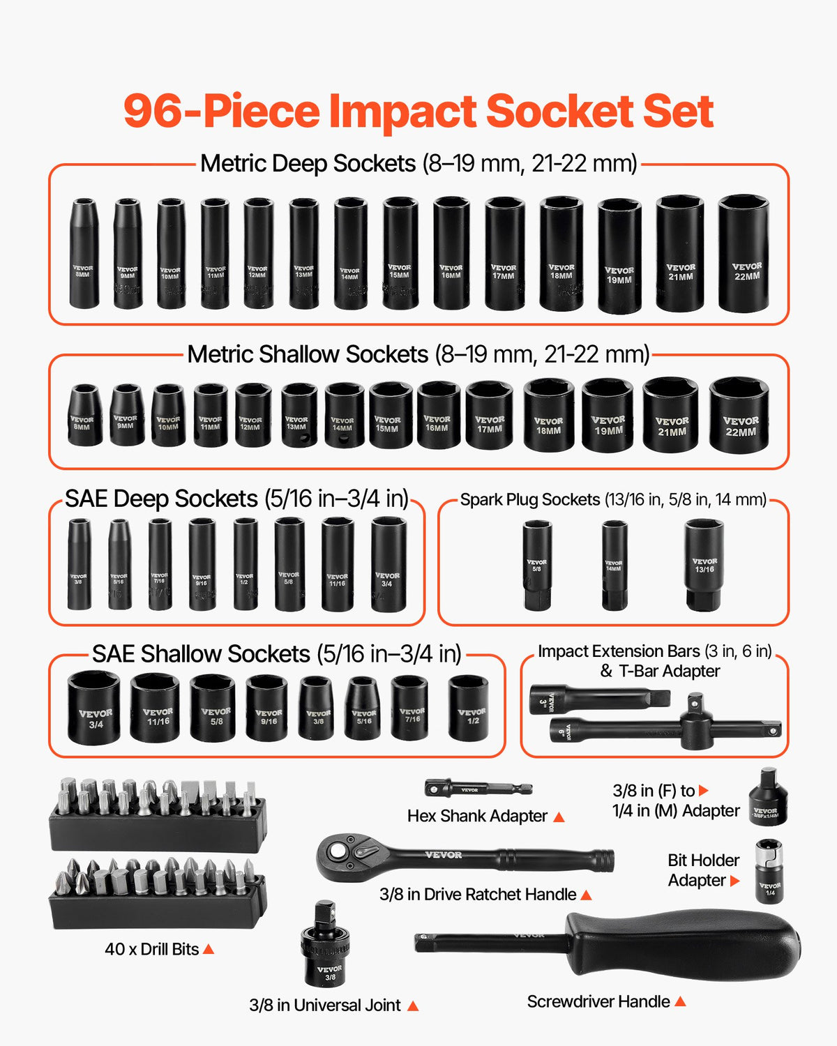 VEVOR 3/8 in Drive Impact Socket Set, 96 Piece, 6 Point Deep & Shallow Impact Sockets, SAE (5/16 in to 3/4 in) and Metric (8 to 22 mm) Sizes with 3 in & 6 in Extension Bars, Cr-V Steel, Carrying Case - CJTTTZCRVCZ9LCTIM001V0 - view 4