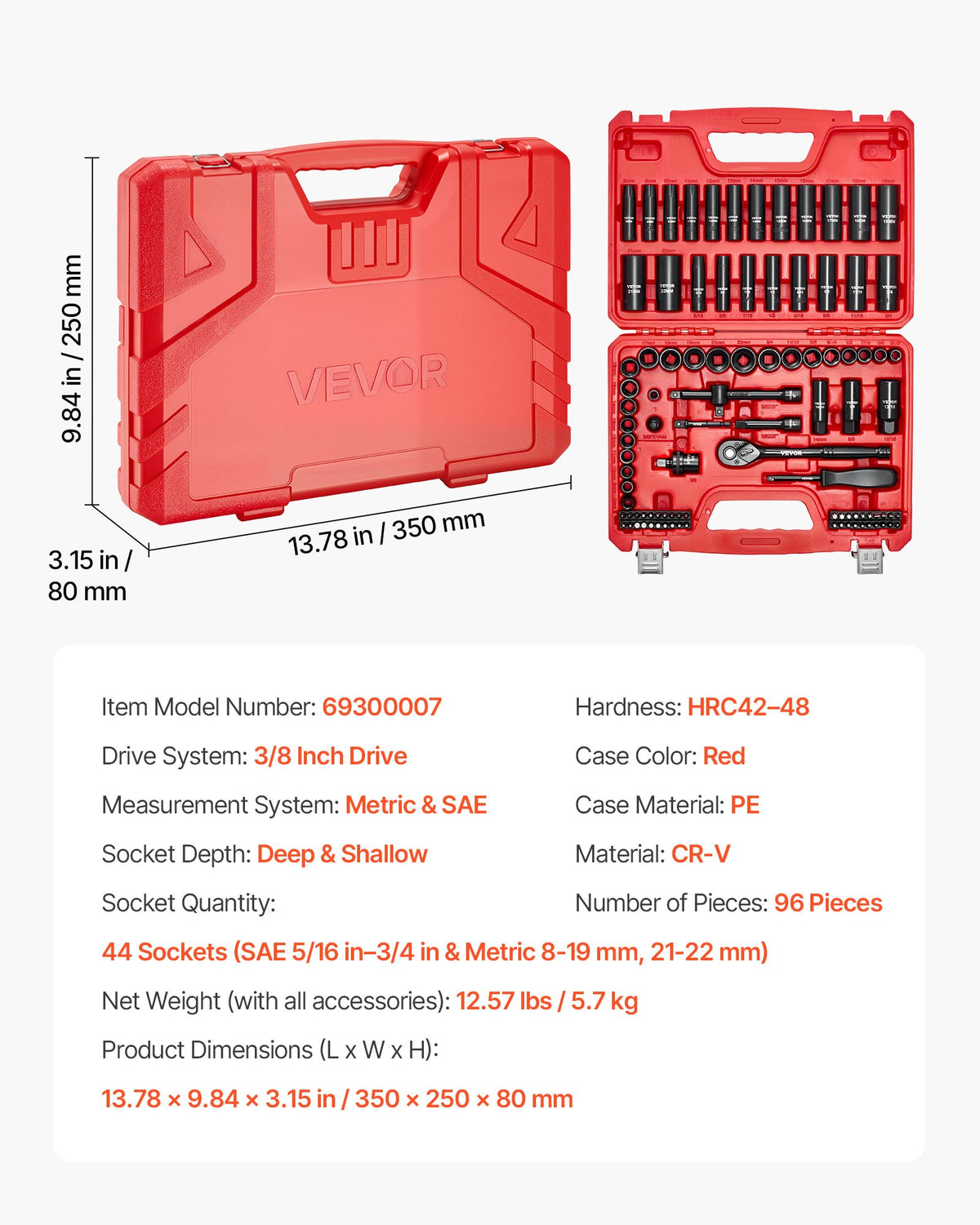 VEVOR 3/8 in Drive Impact Socket Set, 96 Piece, 6 Point Deep & Shallow Impact Sockets, SAE (5/16 in to 3/4 in) and Metric (8 to 22 mm) Sizes with 3 in & 6 in Extension Bars, Cr-V Steel, Carrying Case - CJTTTZCRVCZ9LCTIM001V0 - view 8
