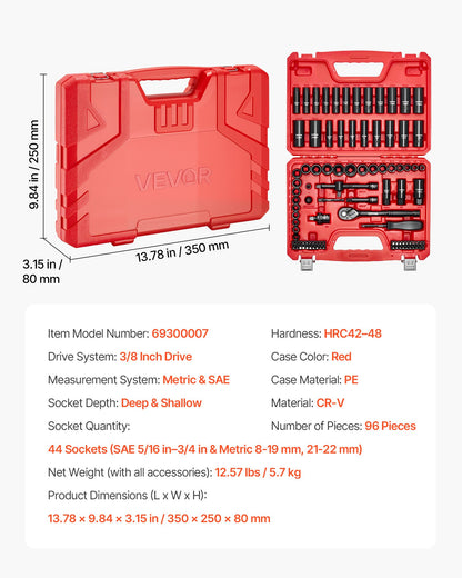 VEVOR 3/8 in Drive Impact Socket Set, 96 Piece, 6 Point Deep & Shallow Impact Sockets, SAE (5/16 in to 3/4 in) and Metric (8 to 22 mm) Sizes with 3 in & 6 in Extension Bars, Cr-V Steel, Carrying Case - CJTTTZCRVCZ9LCTIM001V0 - view 8