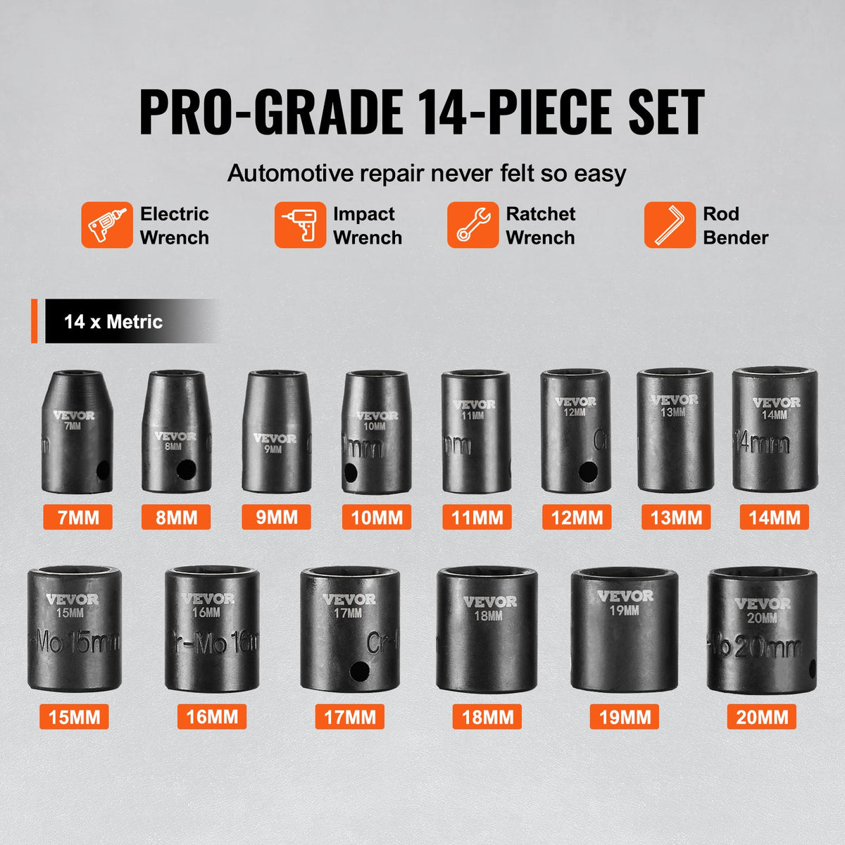 VEVOR 3/8" Drive Impact Socket Set, 14 Piece Shallow Socket Set Metric 7-20mm, 6 Point Cr-Mo Alloy Steel for Auto Repair, Easy-to-Read Size Markings, Rugged Construction, Includes Storage Case - CJTTZJ1CRMO17G1EZV0 - view 4