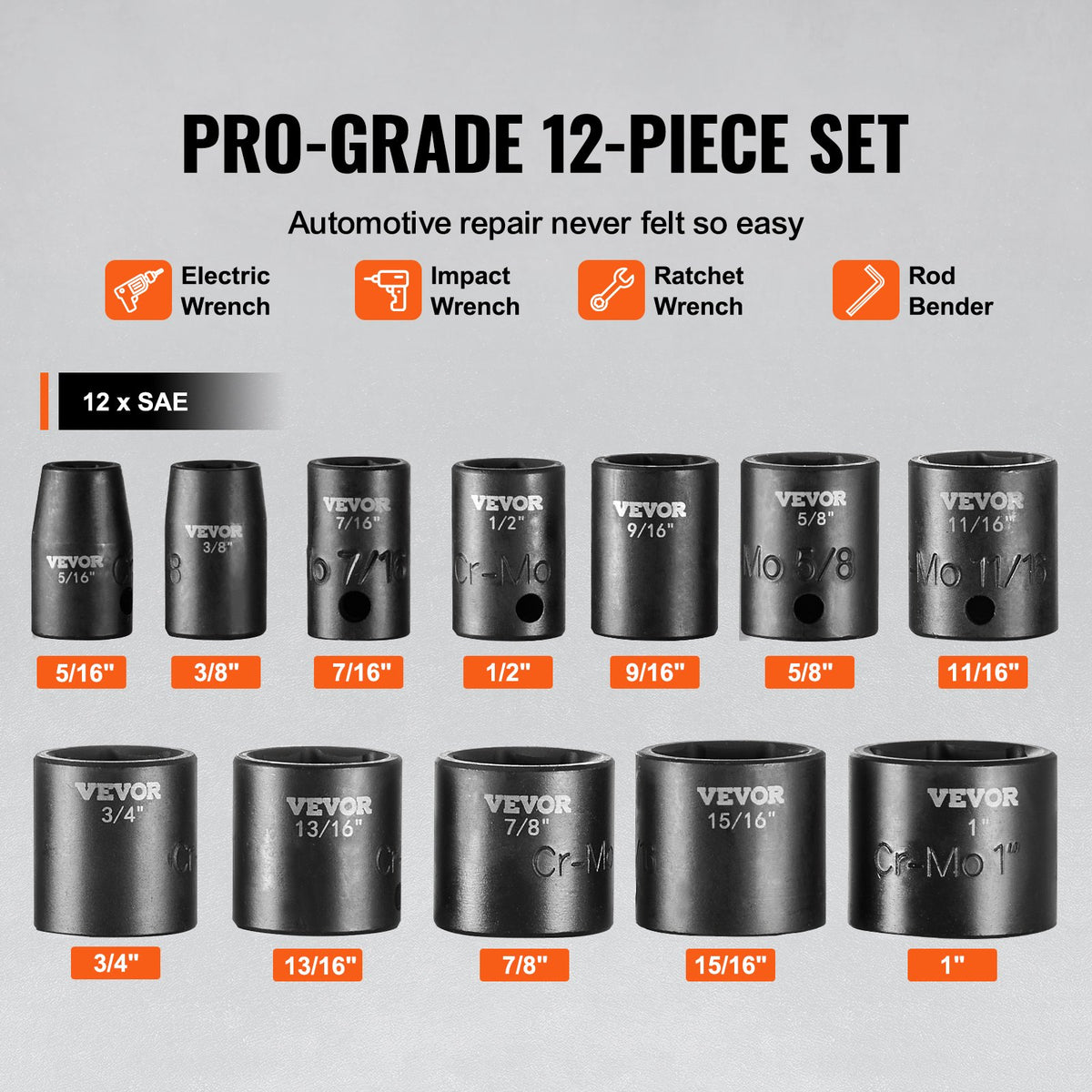VEVOR 3/8" Drive Impact Socket Set, 12 Piece Shallow Socket Set SAE 5/16"-1", 6 Point Cr-Mo Alloy Steel for Auto Repair, Easy-to-Read Size Markings, Rugged Construction, Includes Storage Case - CJTTZJ1CRMO1I8WKXV0 - view 4
