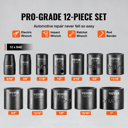 VEVOR 3/8" Drive Impact Socket Set, 12 Piece Shallow Socket Set SAE 5/16"-1", 6 Point Cr-Mo Alloy Steel for Auto Repair, Easy-to-Read Size Markings, Rugged Construction, Includes Storage Case - CJTTZJ1CRMO1I8WKXV0 - view 4