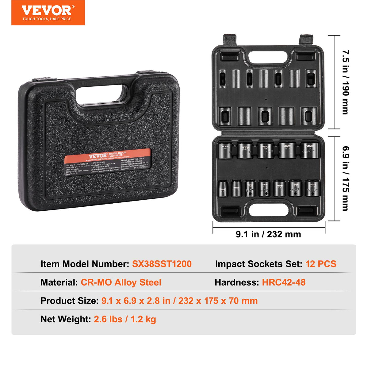 VEVOR 3/8" Drive Impact Socket Set, 12 Piece Shallow Socket Set SAE 5/16"-1", 6 Point Cr-Mo Alloy Steel for Auto Repair, Easy-to-Read Size Markings, Rugged Construction, Includes Storage Case - CJTTZJ1CRMO1I8WKXV0 - view 8