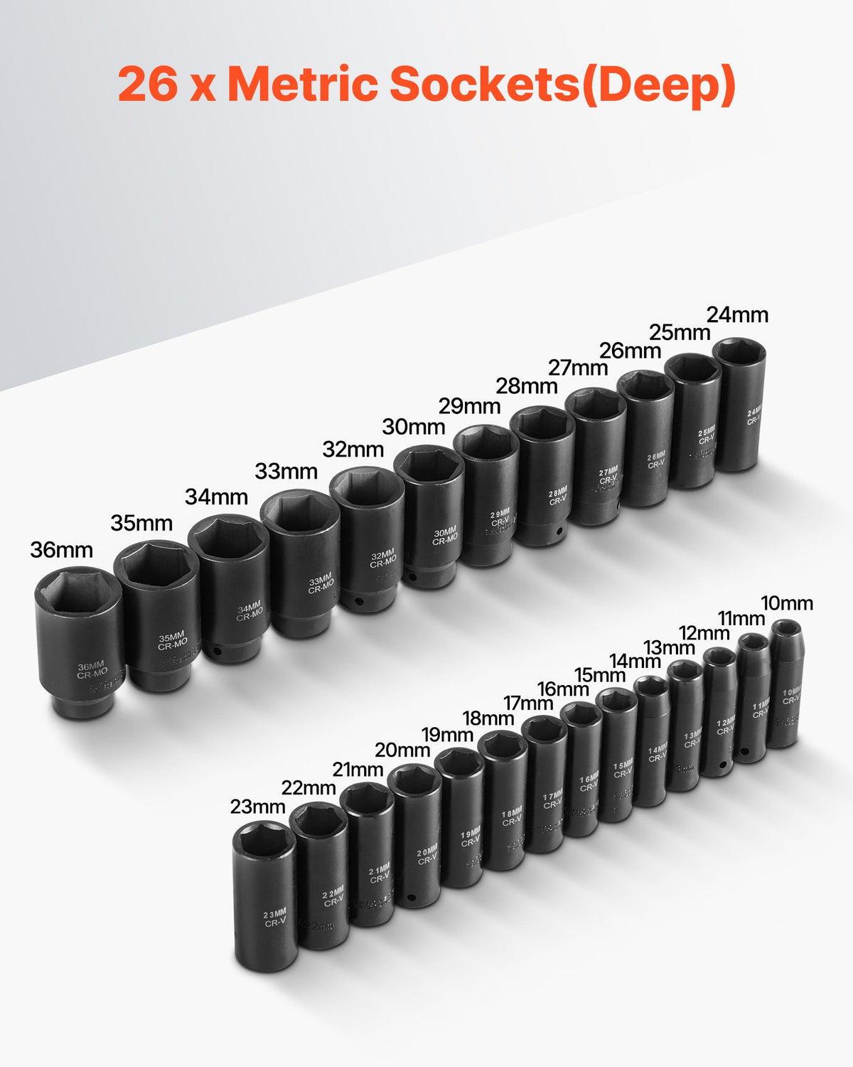 VEVOR Drive Impact Socket Set 1/2" - 26 Piece Deep Socket Set Metric 11-36 mm, 6 Point CR-V & Cr-Mo Alloy Steel for Auto Repair - Easy-to-Read Size Markings, Rugged Sockets Organizer, Storage Case - CJTTZJ1CRV26GV7Z8001V0 - view 4