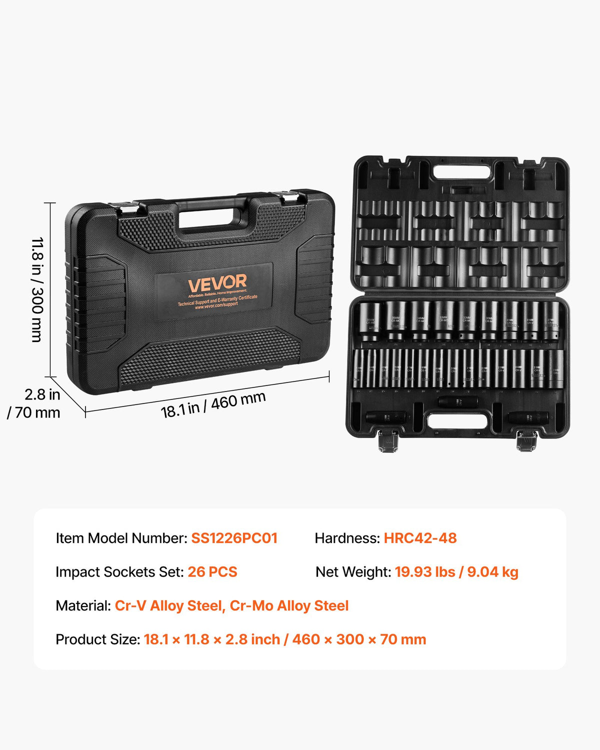 VEVOR Drive Impact Socket Set 1/2" - 26 Piece Deep Socket Set Metric 11-36 mm, 6 Point CR-V & Cr-Mo Alloy Steel for Auto Repair - Easy-to-Read Size Markings, Rugged Sockets Organizer, Storage Case - CJTTZJ1CRV26GV7Z8001V0 - view 8
