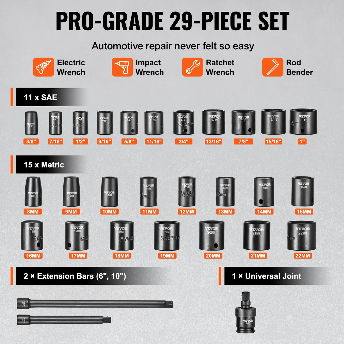 VEVOR 3/8" Drive Impact Socket Set, 29 Piece Shallow Socket Set SAE 3/8"-1" and Metric 8-22mm, 6 Point CR-V Alloy Steel for Auto Repair, Easy-to-Read Size Markings, Rugged Construction, Storage Case - CJTTZJ1CRV299EO2EV0 - view 4